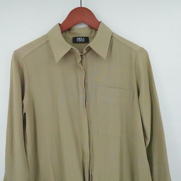 MELA PURDIE Technical Polyester Shirt Women XXS Khaki Button-Up Pocket Australia - Picture 4 of 15